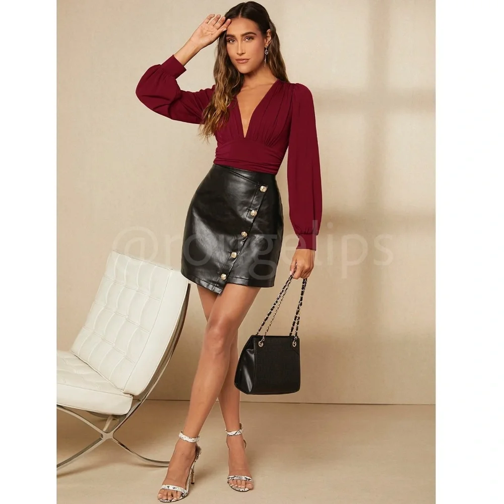 Burgundy Elegant V neck Bodysuit Long Bishop Sleeves Stretchy Ruched Waist - Picture 6 of 8